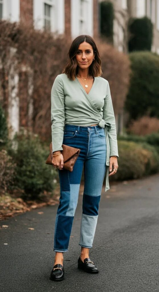 Wrap Top and Two-Tone Jeans
