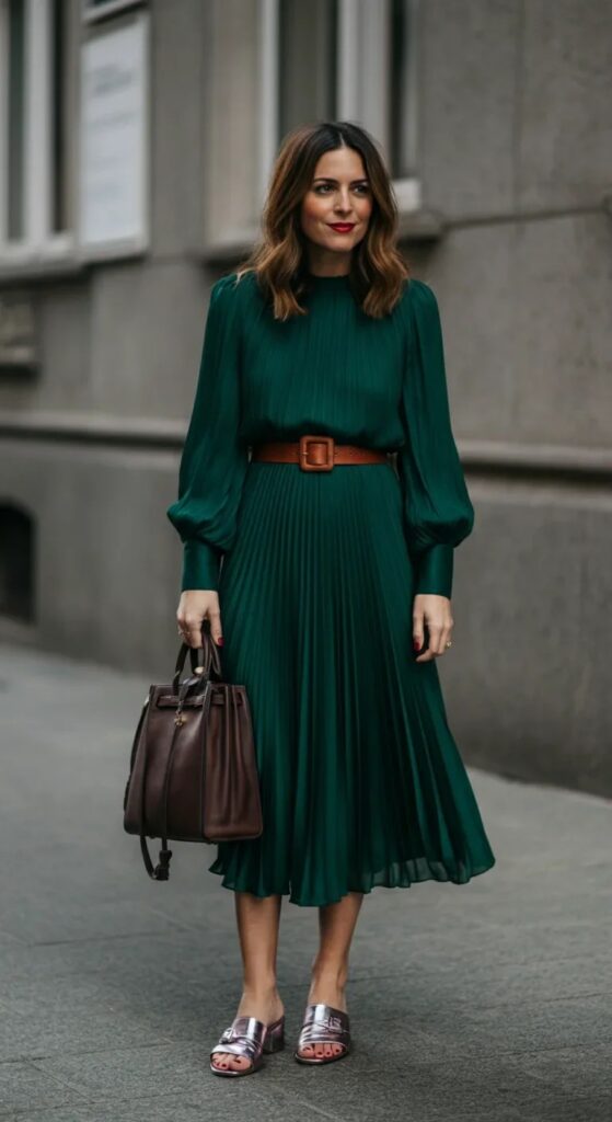 Pleated Midi Dress with Statement Belt
