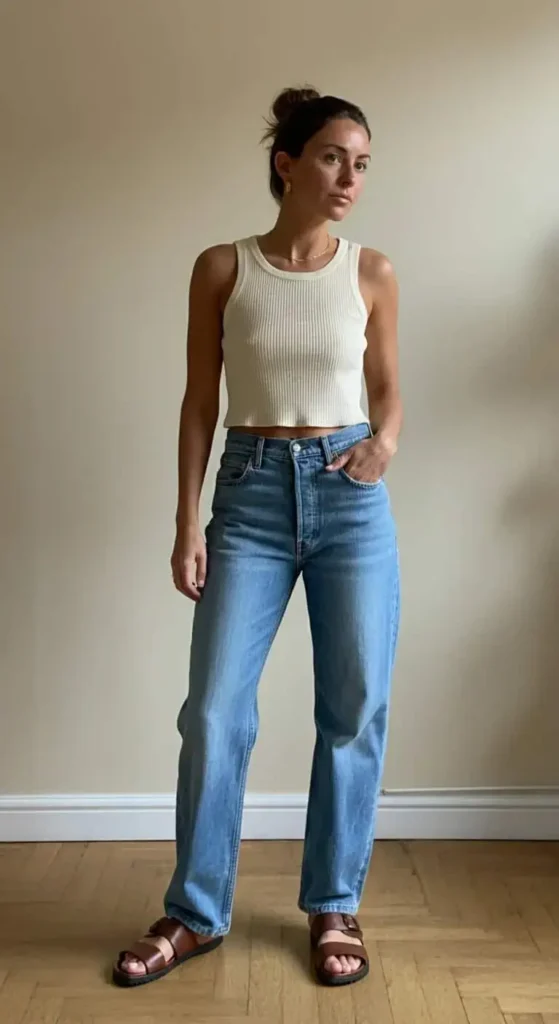 Cropped Tank and High-Waisted Light Wash Jeans
