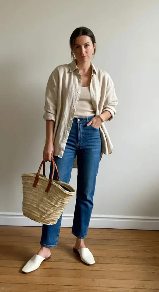 Oversized Linen Shirt with Straight-Leg Jeans
