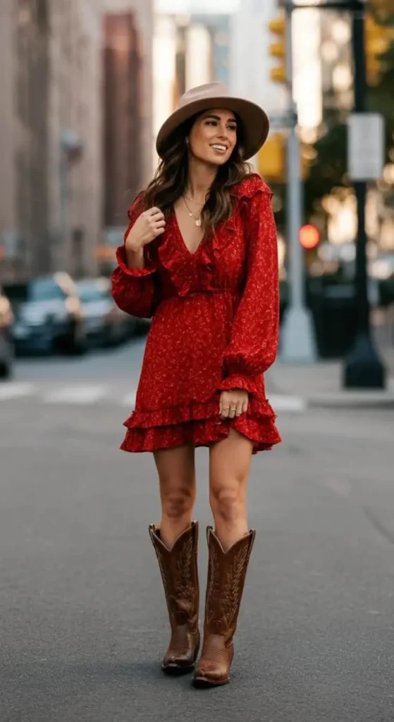 Ruffled Mini Dress with Western Boots
