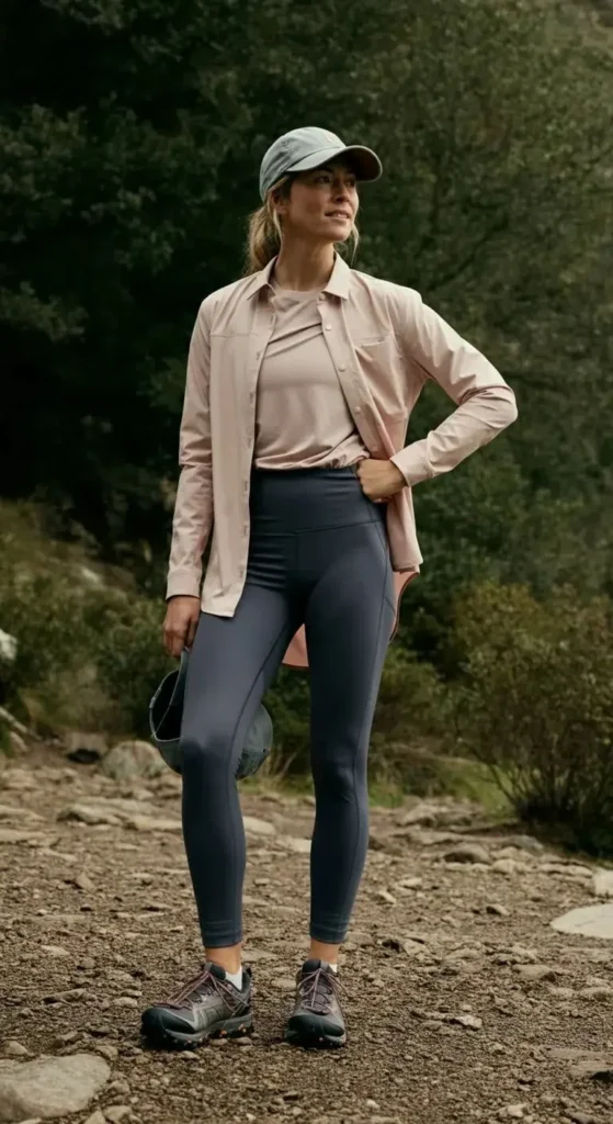 Performance Leggings and Button-Up Shirt
