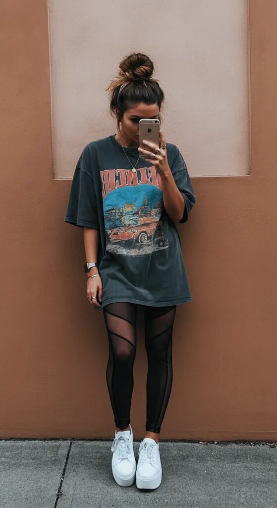 Oversized Graphic Tee and Mesh Panel Leggings
