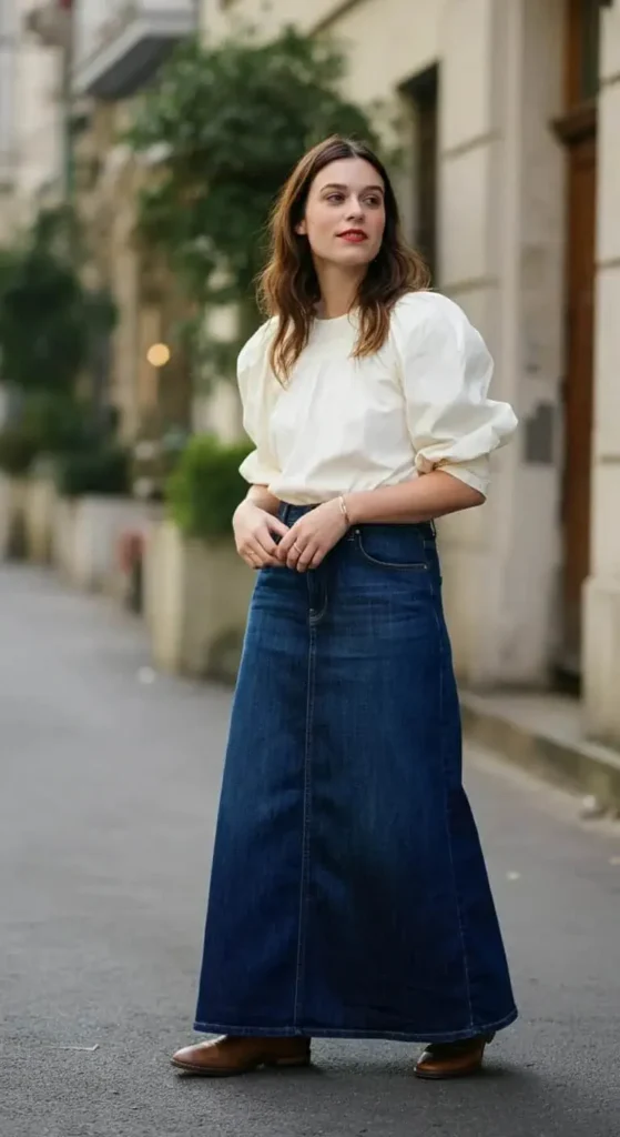 Denim Maxi with White Blouse
