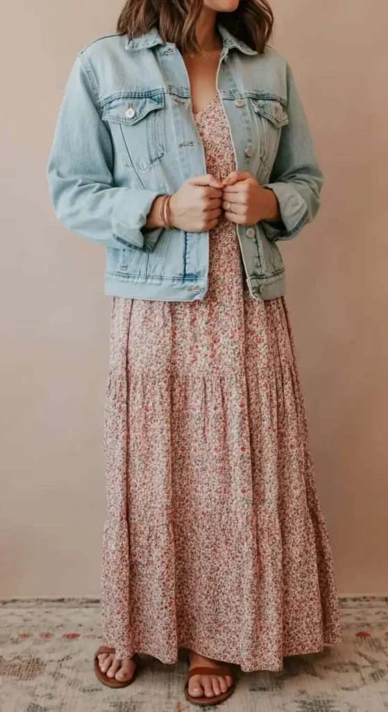 Tiered Maxi Dress with Denim Jacket
