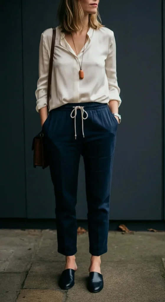 Drawstring Pants with Tucked Blouse