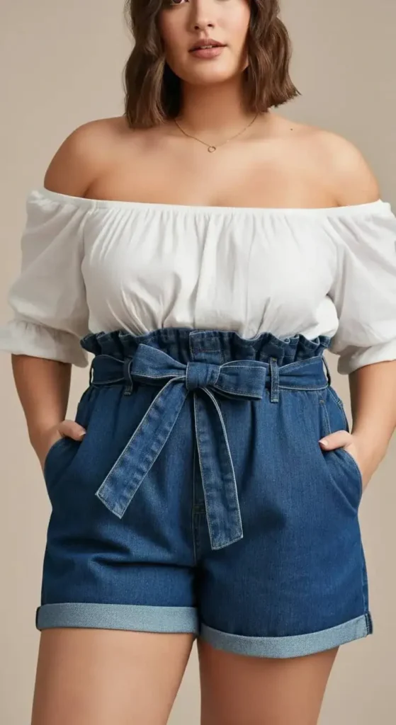 Denim Paperbag Shorts with Off-Shoulder Blouse
