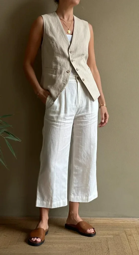 Structured Linen Vest and Wide-Leg Crops
