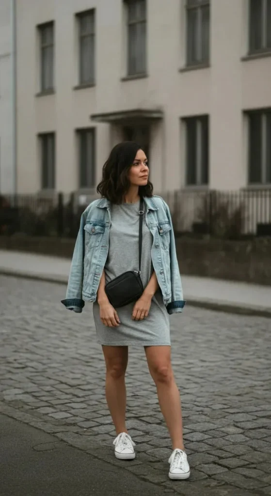 Loose T-shirt Dress with Denim Jacket