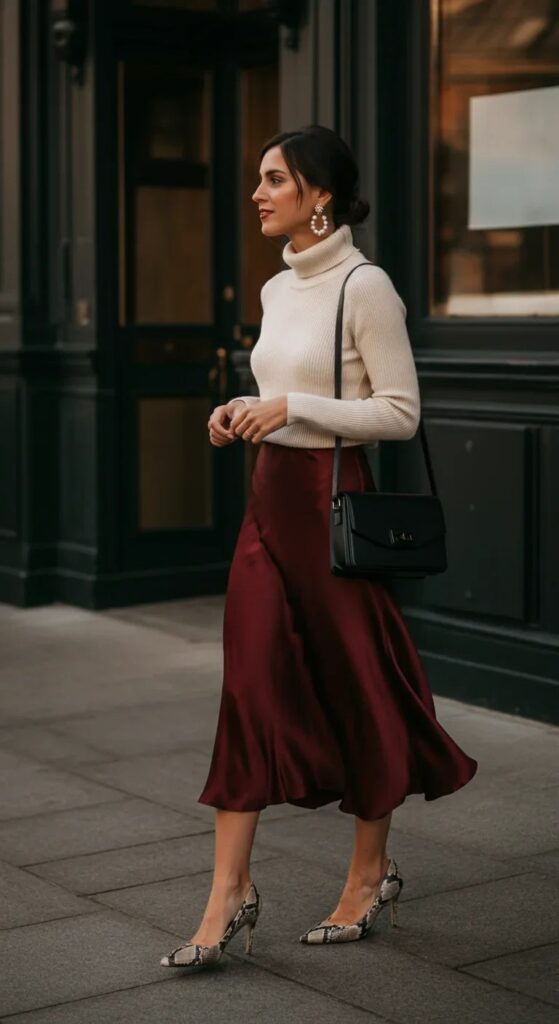 Silk Midi Skirt with Turtleneck Combo