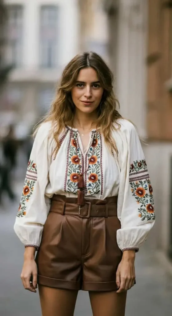 Modern Folkloric Blouse with Leather Shorts
