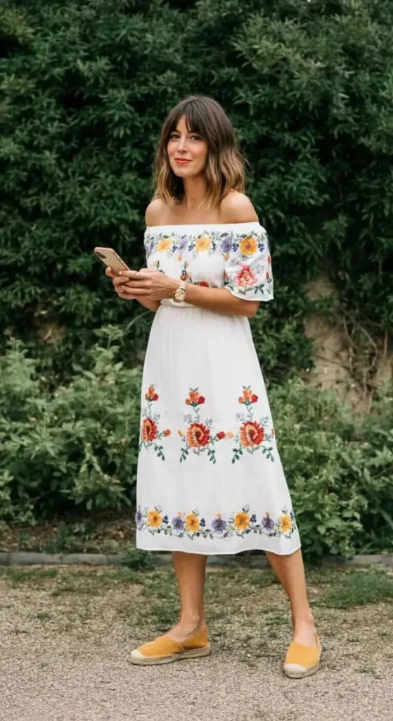 Embroidered Off-Shoulder Dress with Espadrilles
