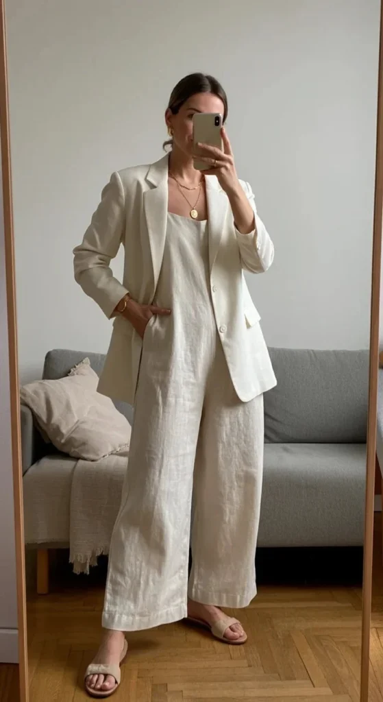 Linen Wide-Leg Jumpsuit with Structured Blazer