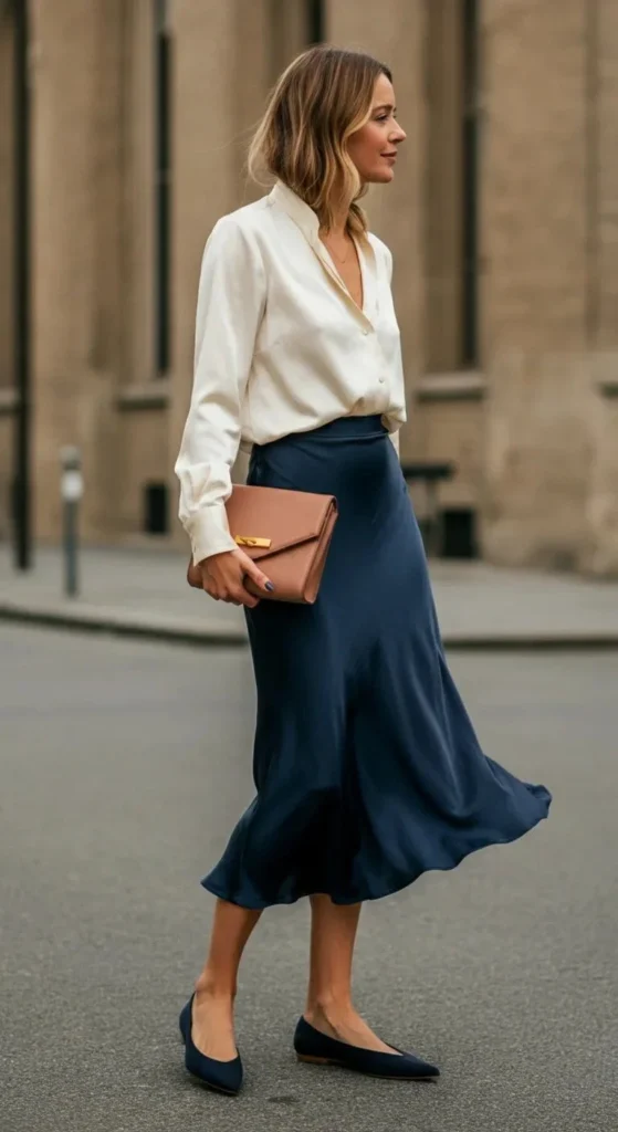 Silk Midi Skirt with Tucked Blouse
