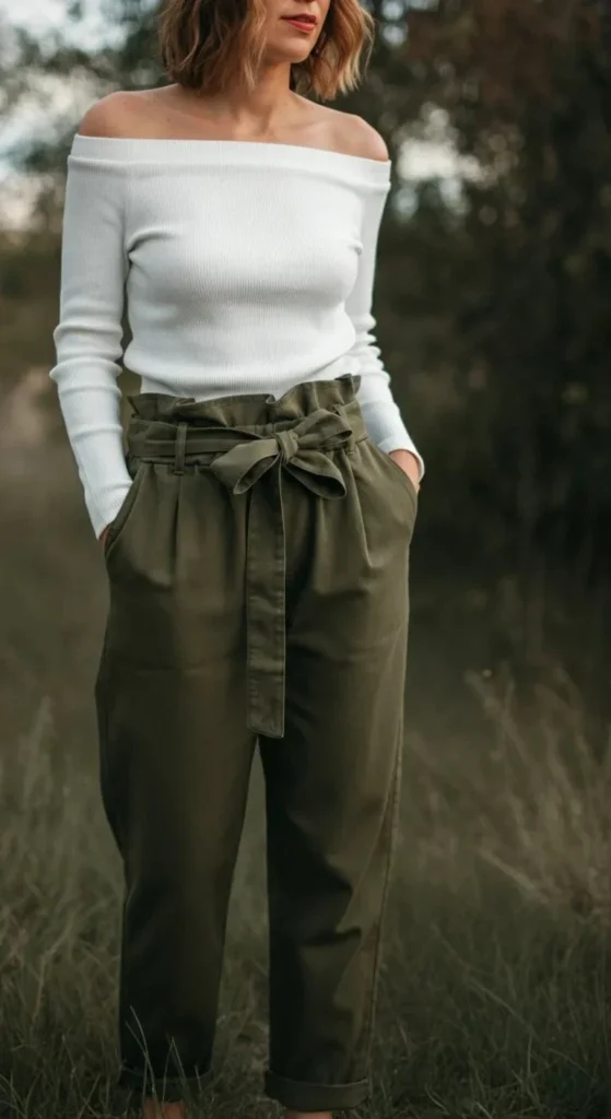 Paperbag Waist Pants with Off-Shoulder Top