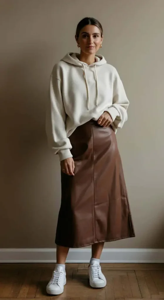 Leather Midi Skirt with Cashmere Hoodie