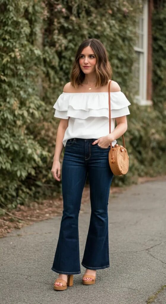 Ruffled Off-Shoulder Top and Flared Jeans
