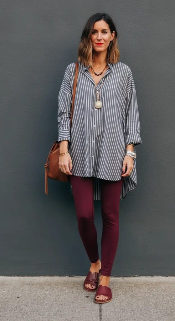 Striped Tunic and Colored Leggings

