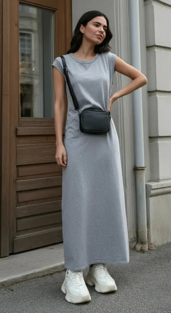 Jersey Maxi Dress with Sneakers
