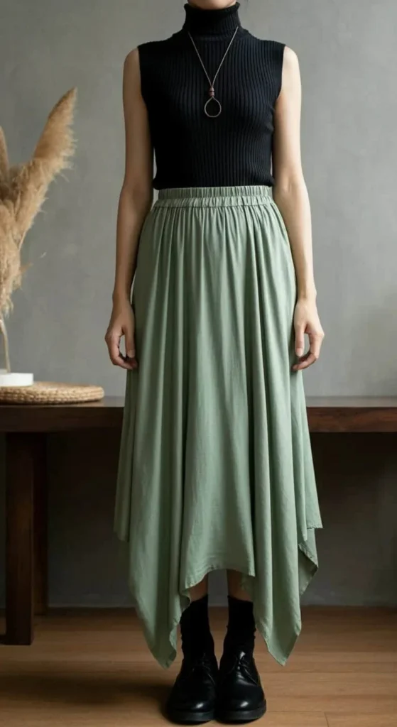 Asymmetrical Skirt with Sleeveless Turtleneck
