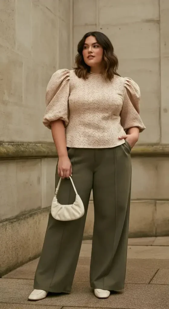 Puff Sleeve Blouse with Wide Pants
