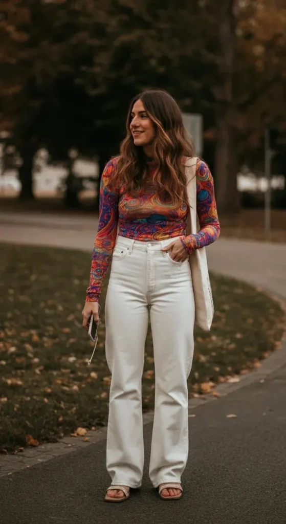 White Jeans and Colorful Top
