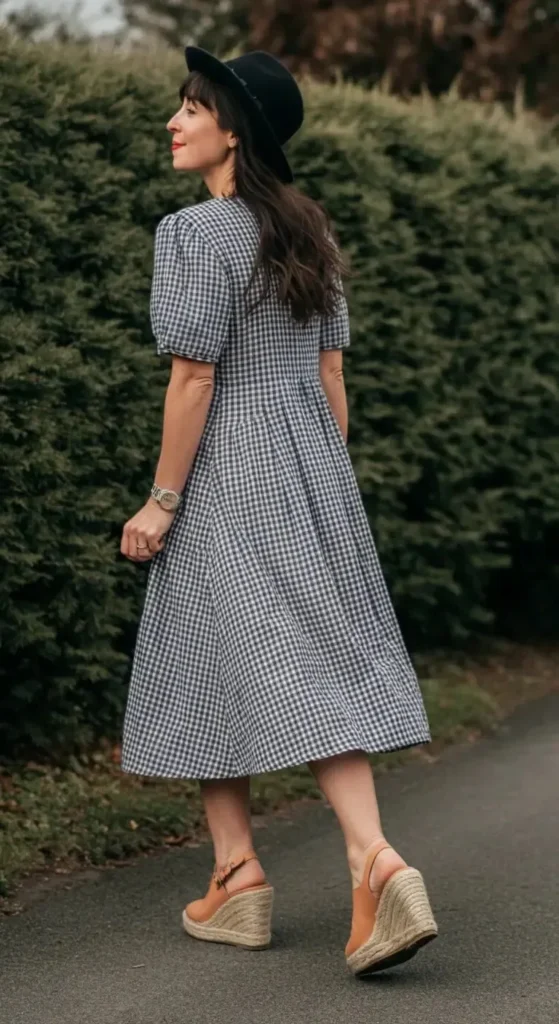 Gingham Dress with Wedges