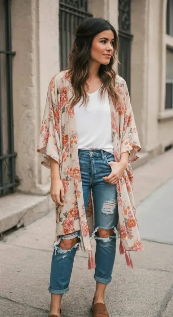 Floral Kimono with Ripped Jeans

