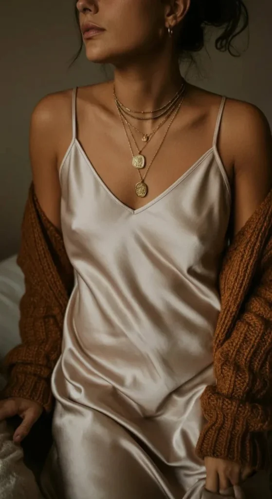 Slip Dress with a Layered Necklace
