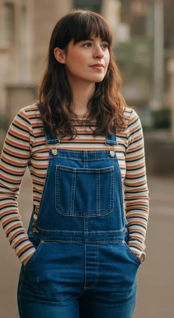 Denim Dungaree with Striped Tee
