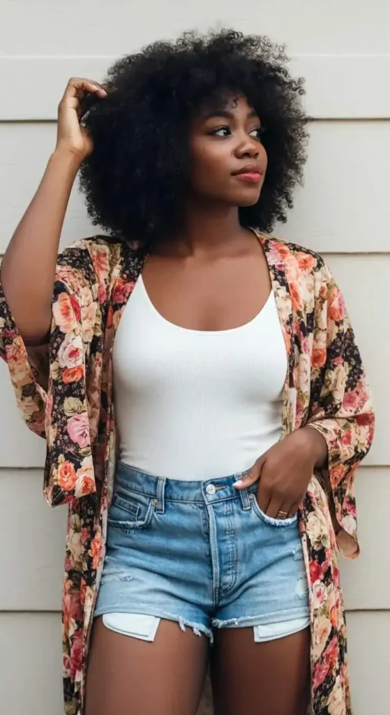 Floral Kimono and Denim Shorts
