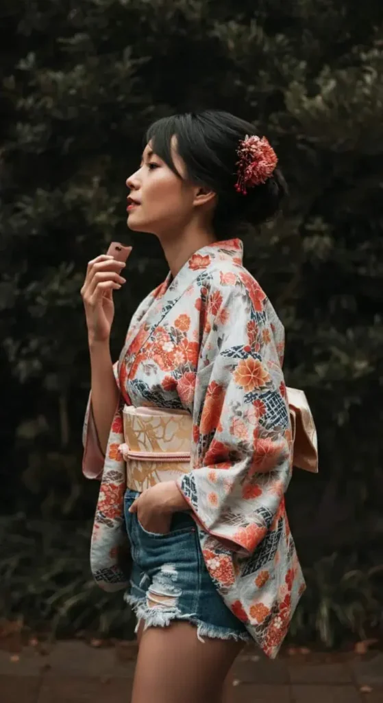 Kimono and Cut-off Jeans
