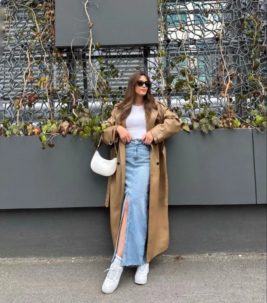 Camel Coat with Denim and White Sneakers
