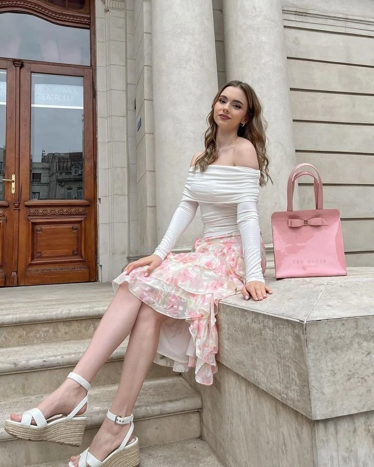 Elegant Off-Shoulder with Floral Skirt
