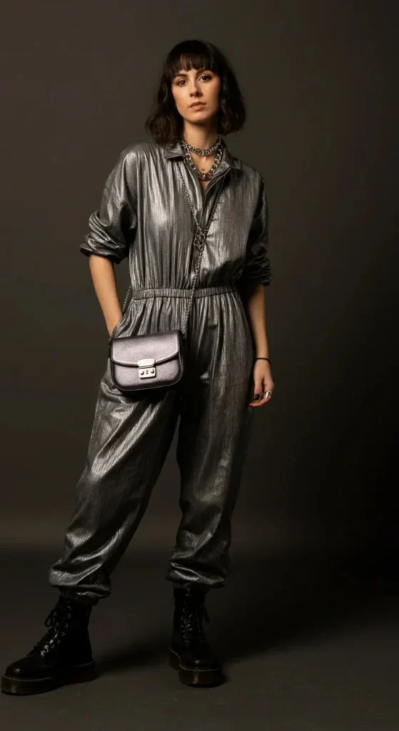 Metallic Jumpsuit with Combat Boots
