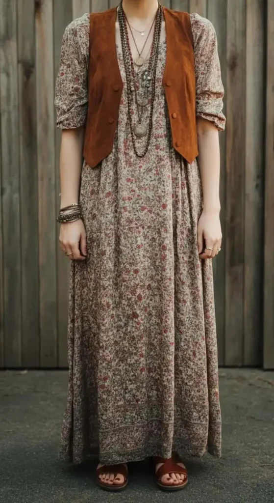 Layered Maxi Dress with Vintage Vest