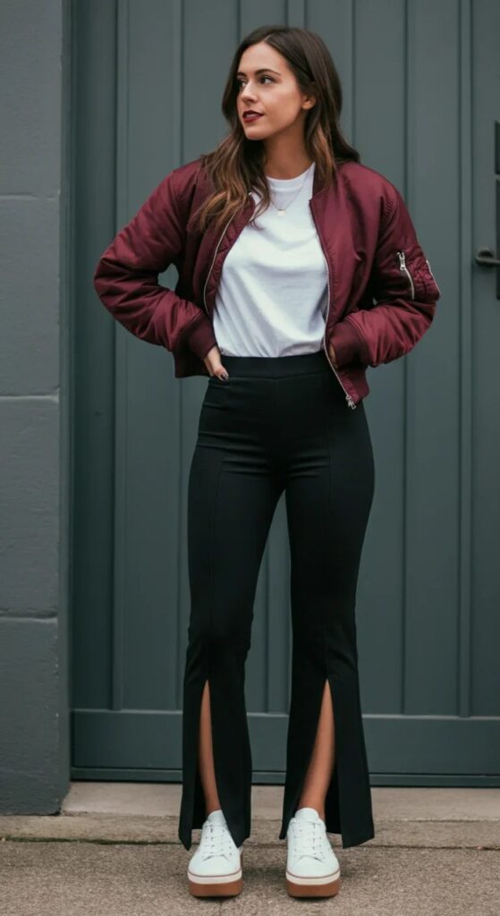 Split Hem Pants with Cropped Bomber