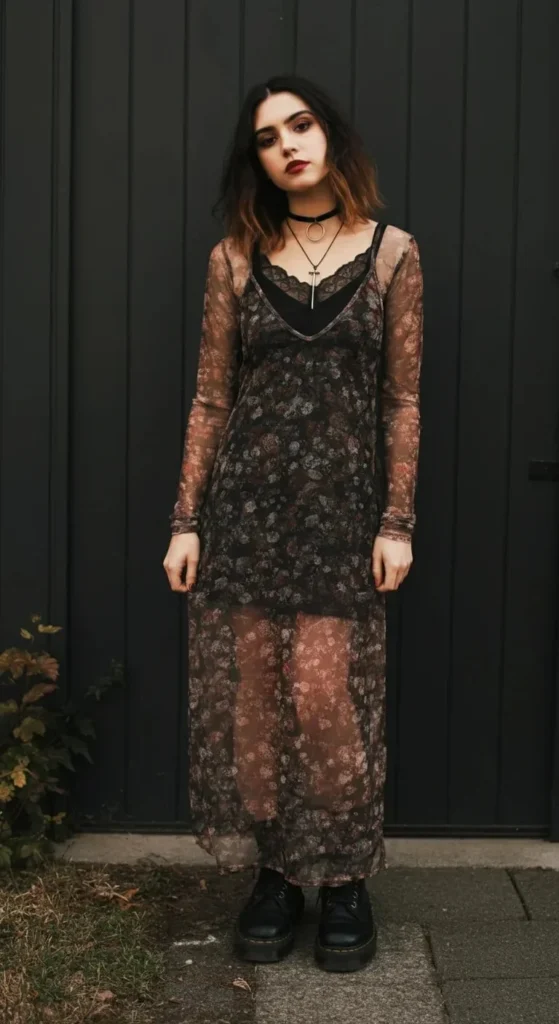 Printed Mesh Dress with Doc Martens