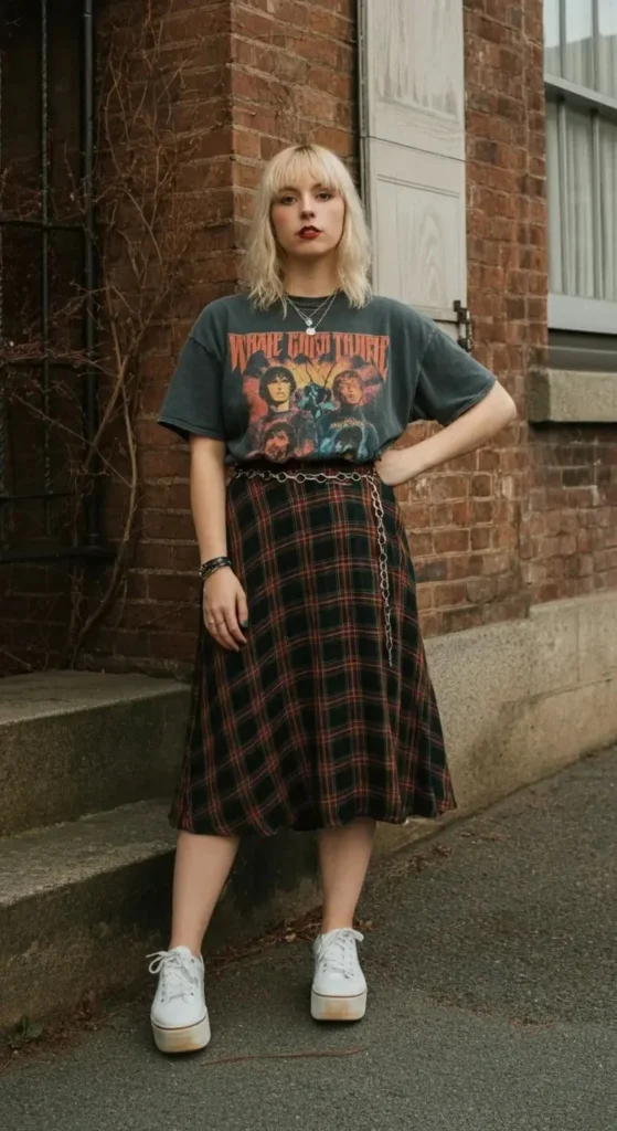 Band Tee and Plaid Skirt