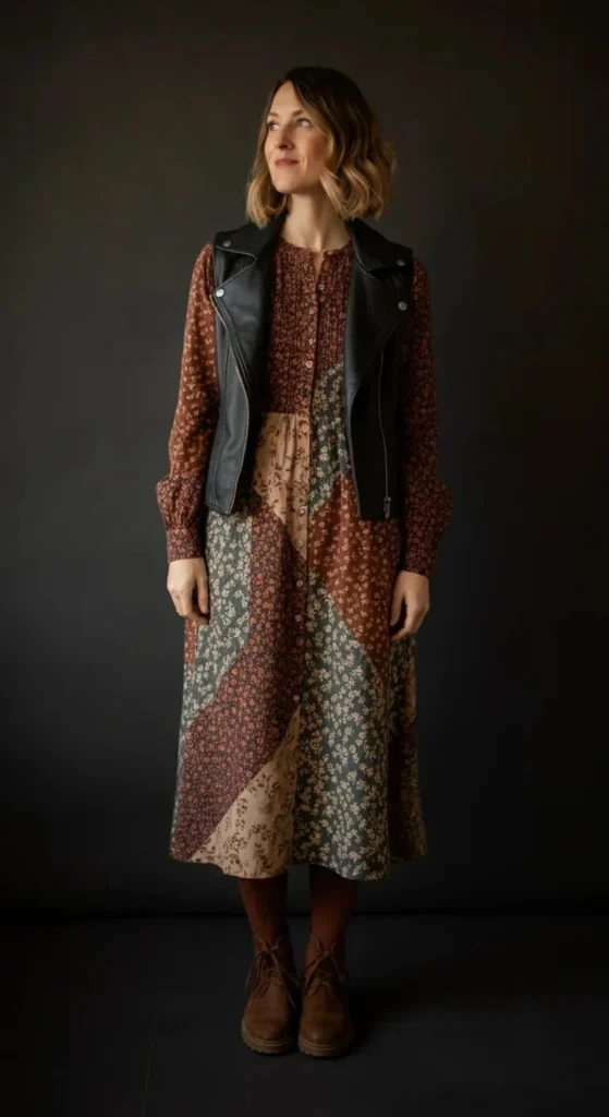 Mixed Print Midi Dress