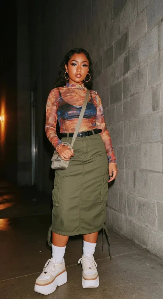 Printed Mesh Top and Cargo Skirt