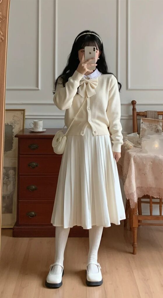 Bow-Adorned Cardigan with Pleated Skirt