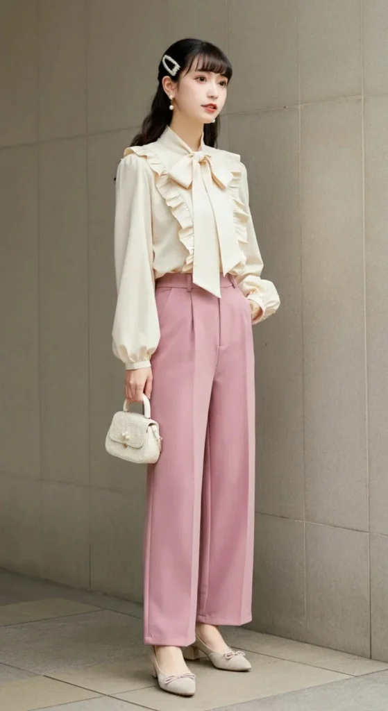 Ruffled Blouse and High-Waisted Trousers