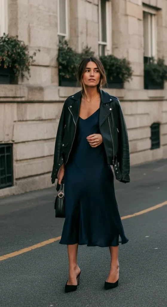 Satin Slip Dress with Leather Jacket