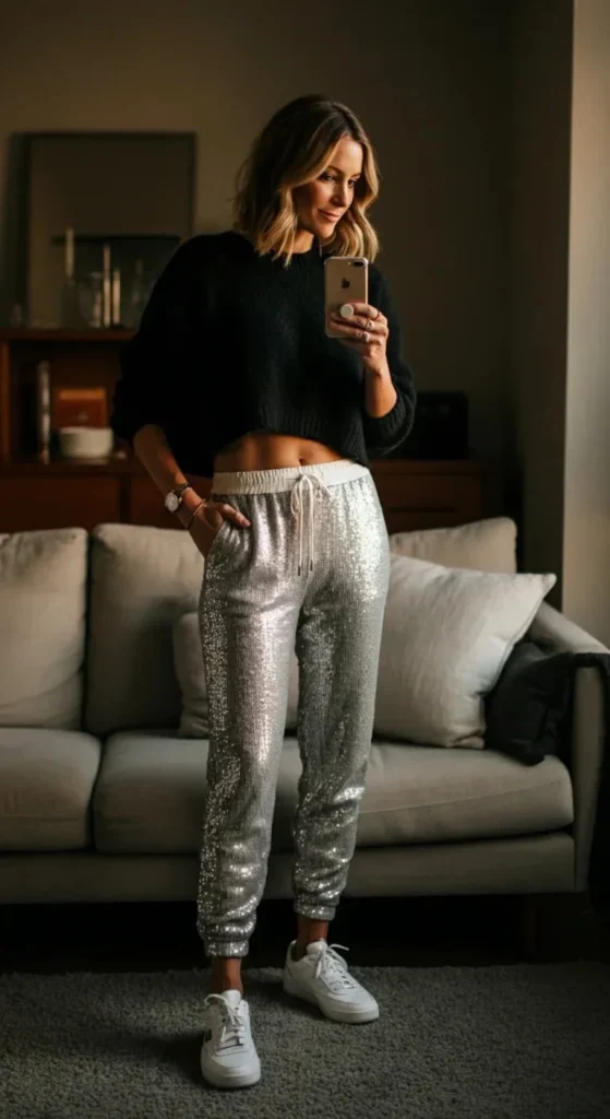 Sequined Joggers and Cropped Sweater