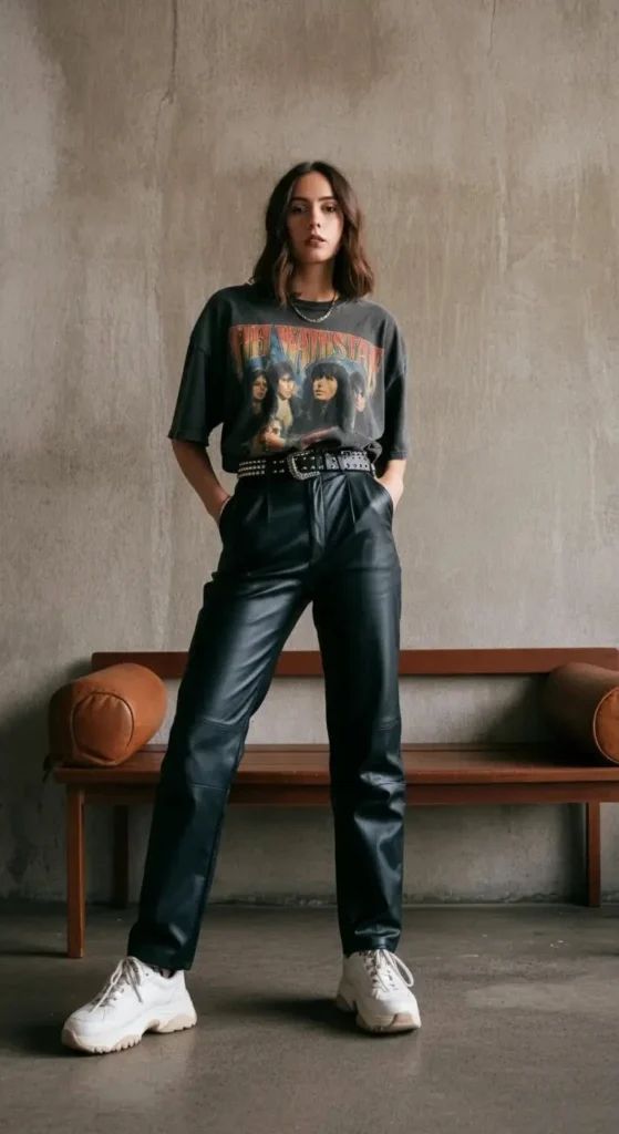 Oversized Band Tee with Leather Pants
