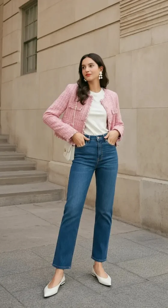 Cropped Tweed Jacket with High-Rise Jeans