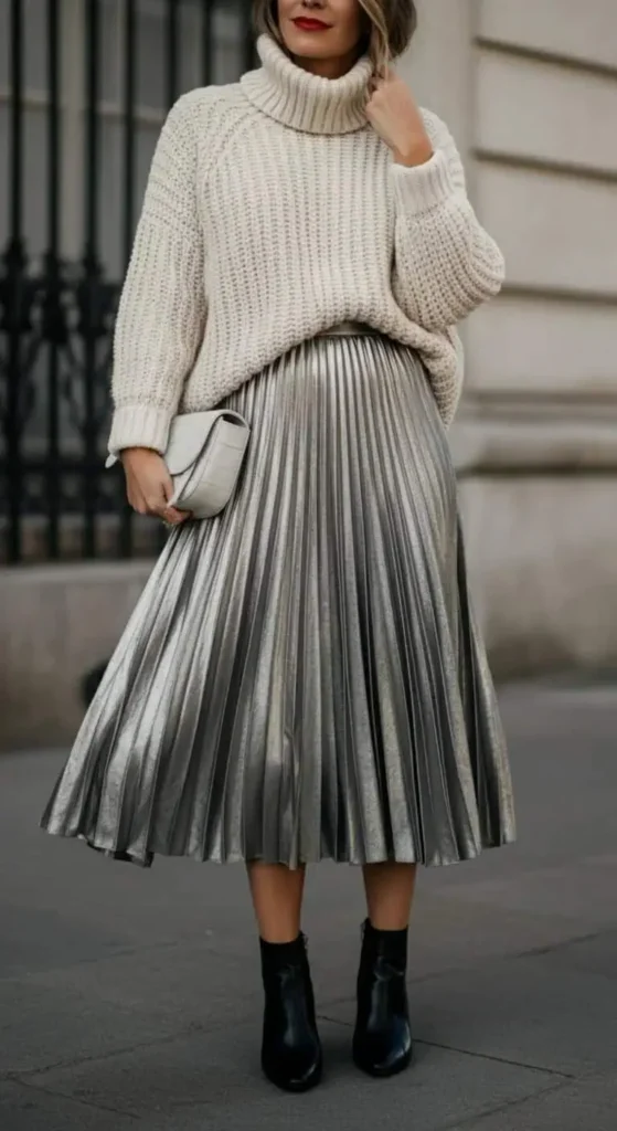 Metallic Midi Skirt with Oversized Knit