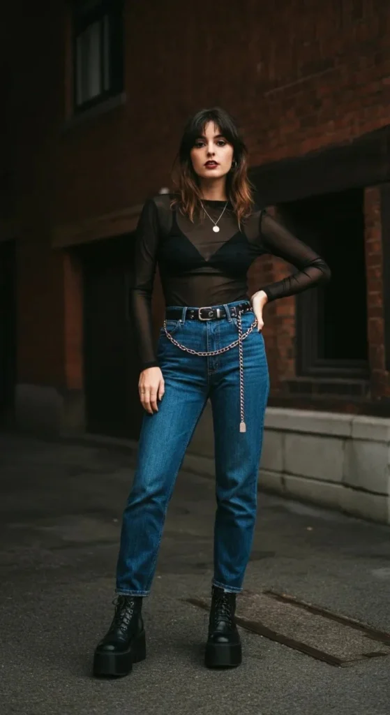 Mesh Top and High-Waisted Jeans