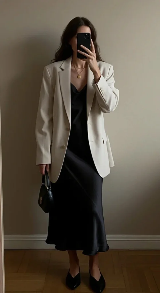 Silk Slip Dress with Tailored Blazer